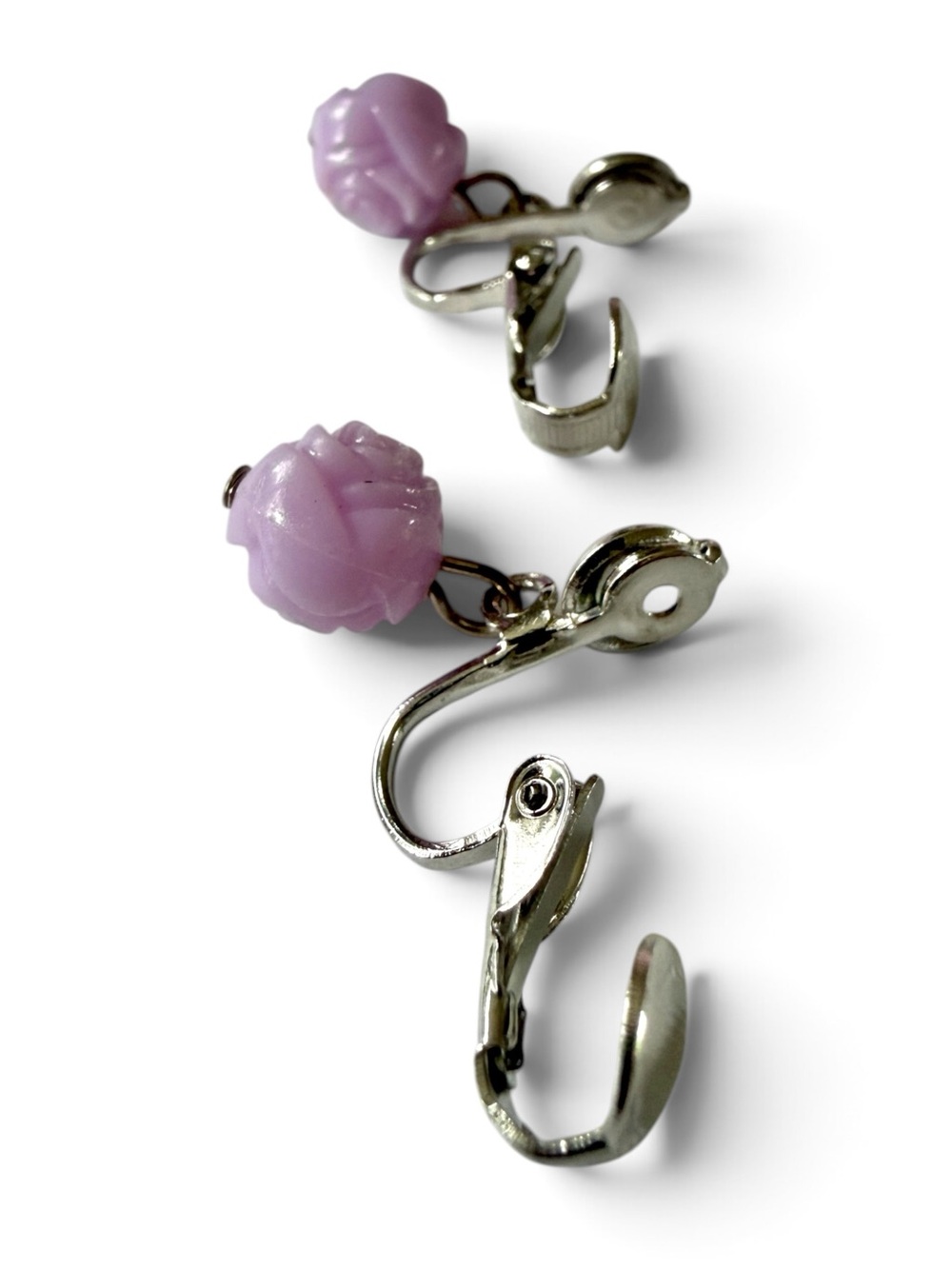 Vintage Lavender Rose Dangle Drop Clip-On Earrings - Picture 7 of 8